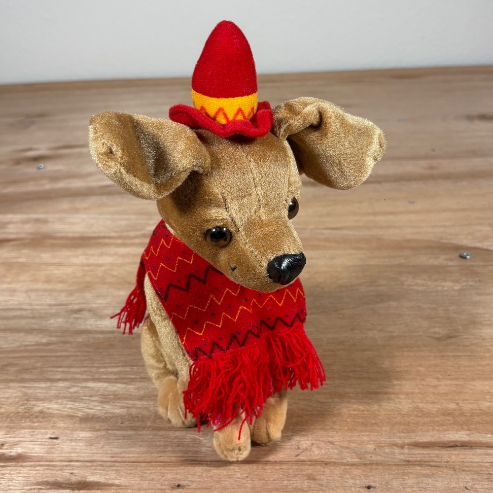 Vintage 1999 Snuggle Toy Chihuahua Plush Dog with Red Hat and Poncho 9 Inch